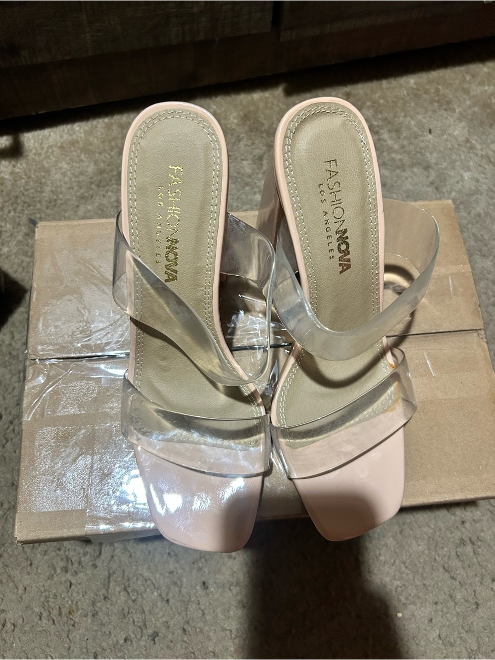 Fashion Nova Blush Pink Mules with Clear Straps
